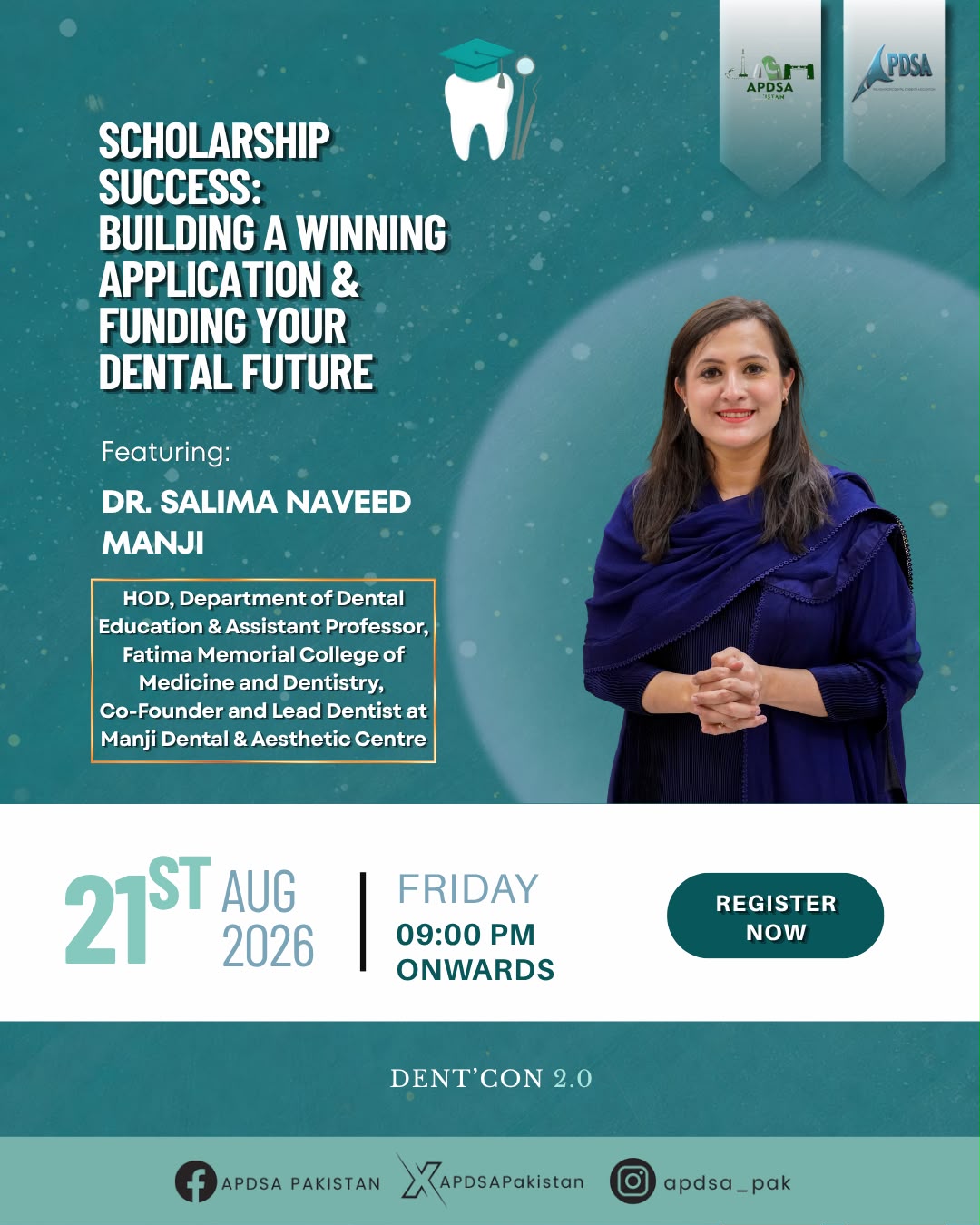 Asst Prof Dr Salima Naveed Manji keynote speaker for Scholarship Success session at DENT CON 2.0 APDSA Pakistan