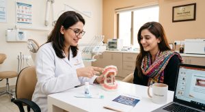 Dentist explaining gum care and oral hygiene to a patient at Manji Dental & Healthcare Centre Lahore