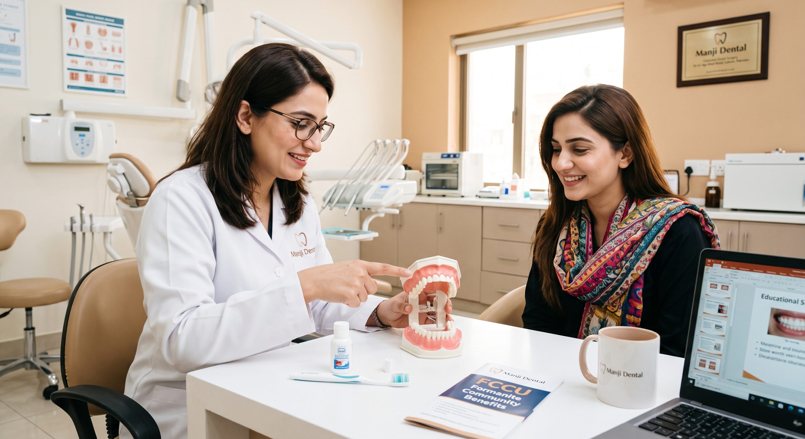 Dentist explaining gum care and oral hygiene to a patient at Manji Dental & Healthcare Centre Lahore
