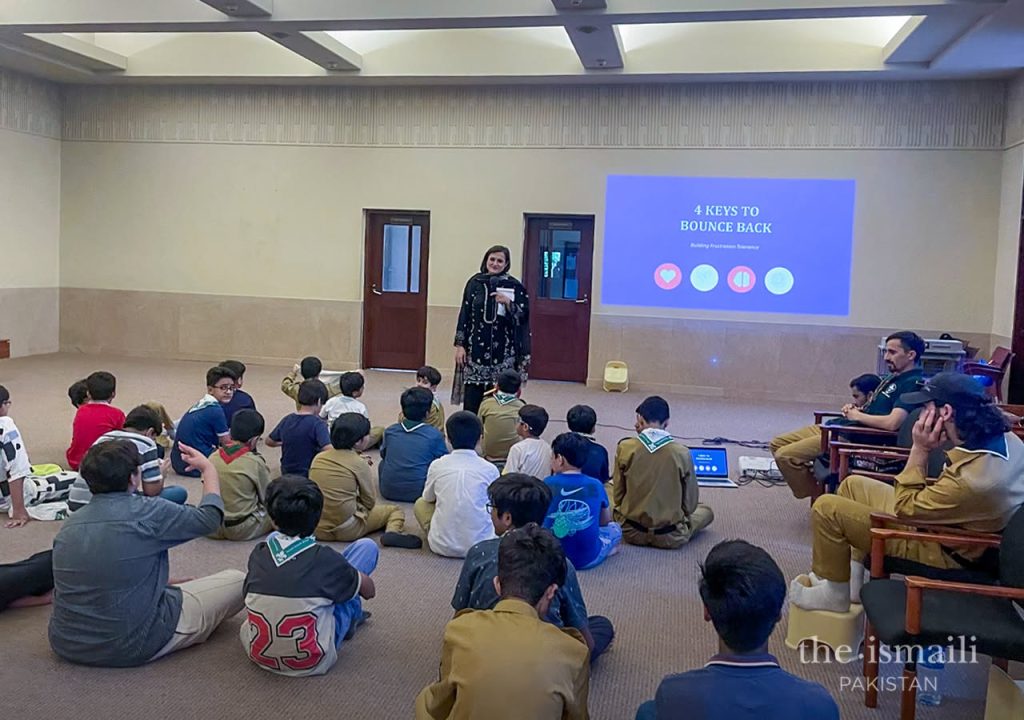 Asst. Prof. Dr. Salima Naveed Manji speaking at Ismaili District Boy Scouts Association leadership camp in Lahore